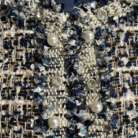STELLA + LORENZO Tweed Navy White Pearl Rhinestone Embellished Blazer Medium M - Picture 6 of 11